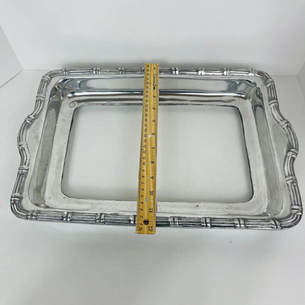 Unbranded Casserole Dish Holder Silver Bamboo Trim Rectangular Pewter Good